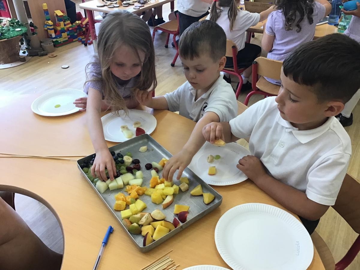 We know we need to eat healthy foods. 
We chose the fruit for our kebabs.