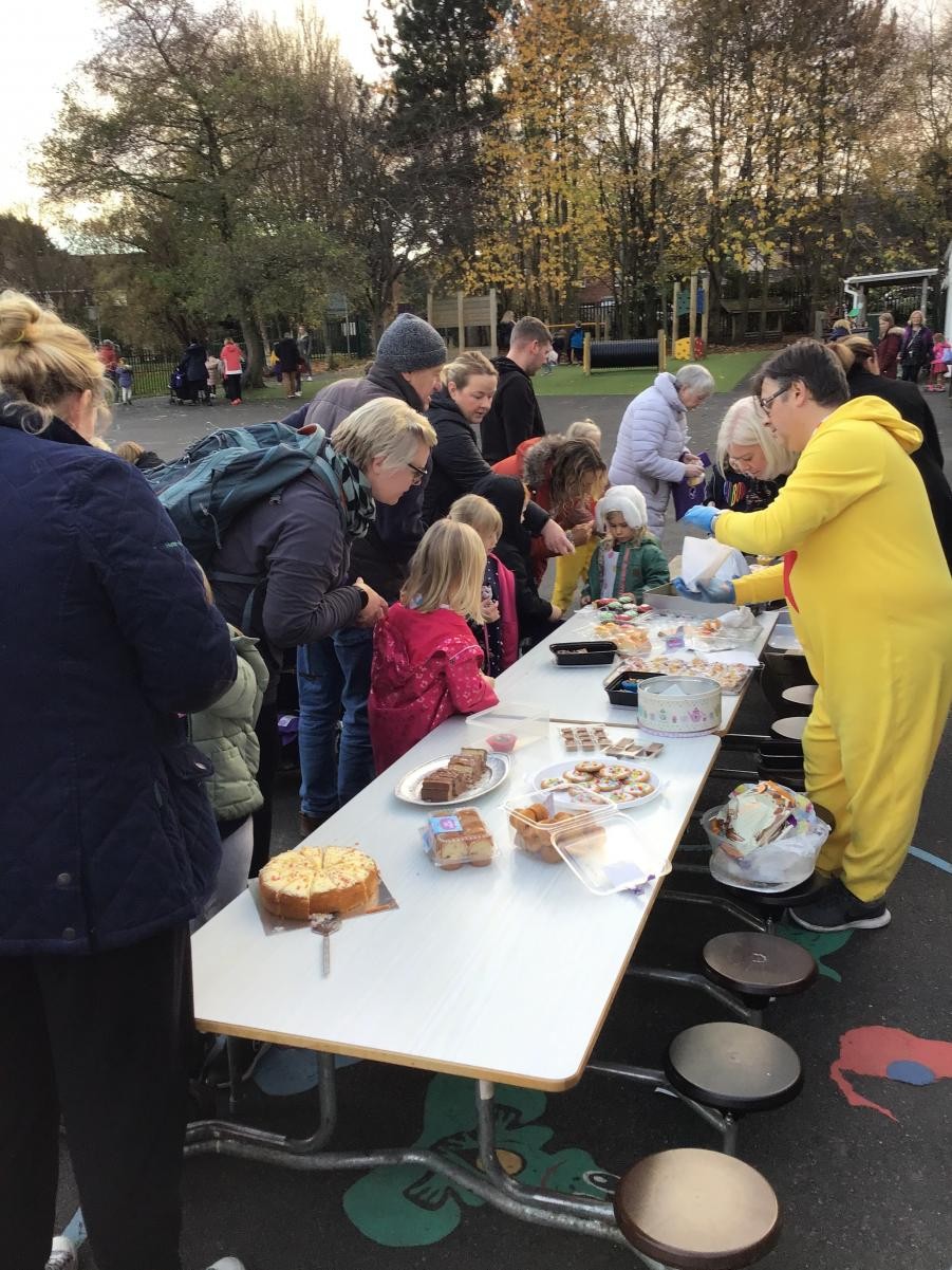 We raise money for different charities throughout the year. We held a cake sale for Children in Need.