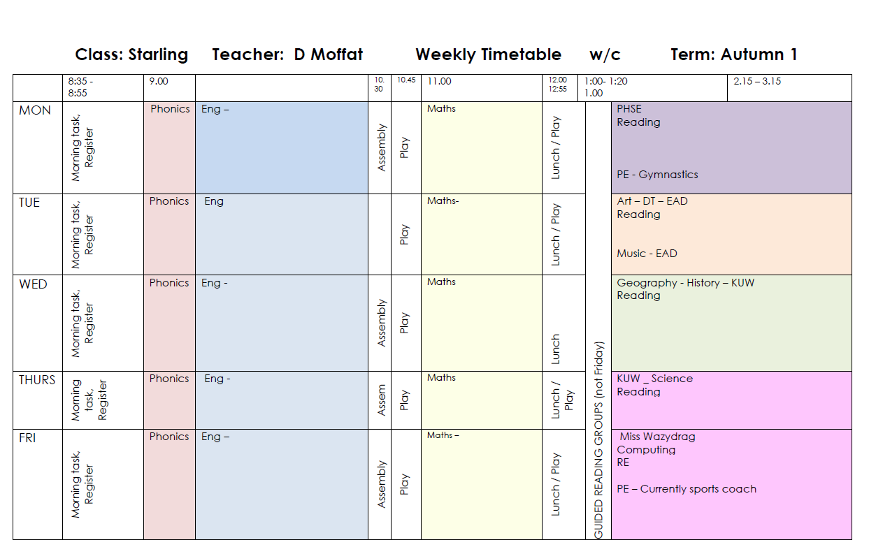 Autumn Term 1 Timetable