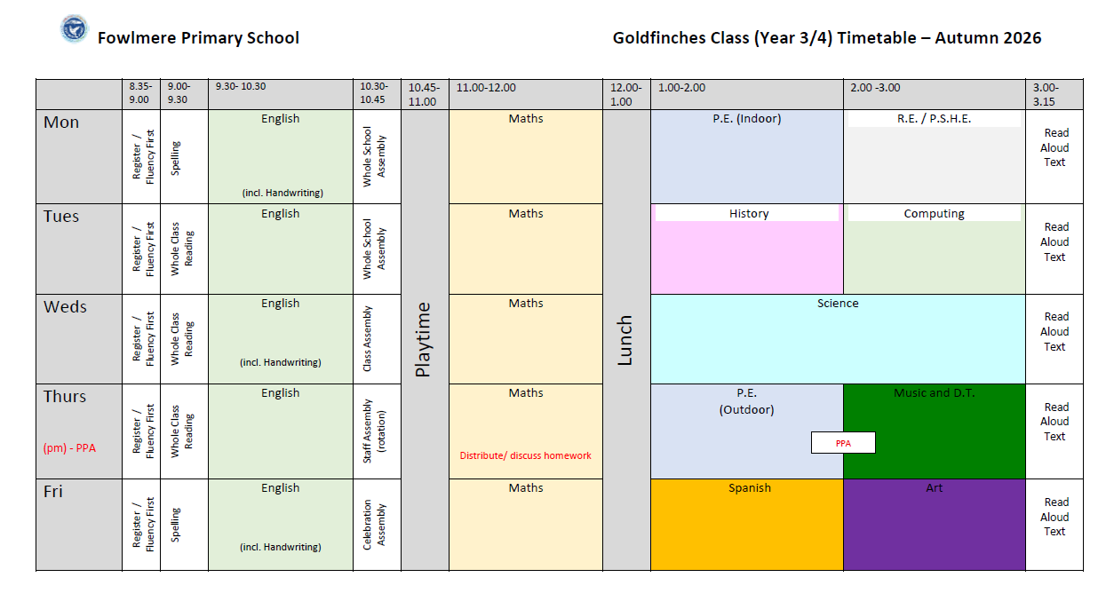 Autumn Term 1 Timetable