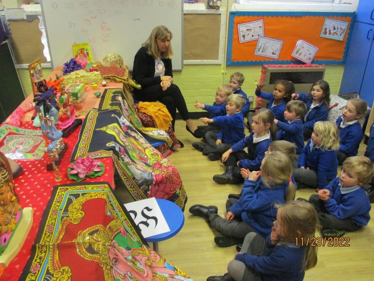 Pupils on the carpet listening carefully.