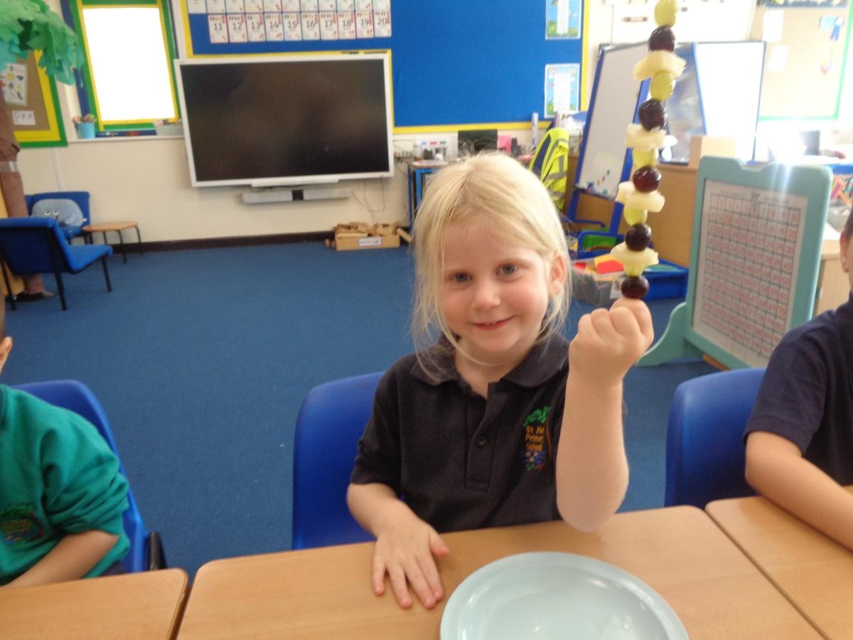 So we made fruit kebabs with a repeating pattern.