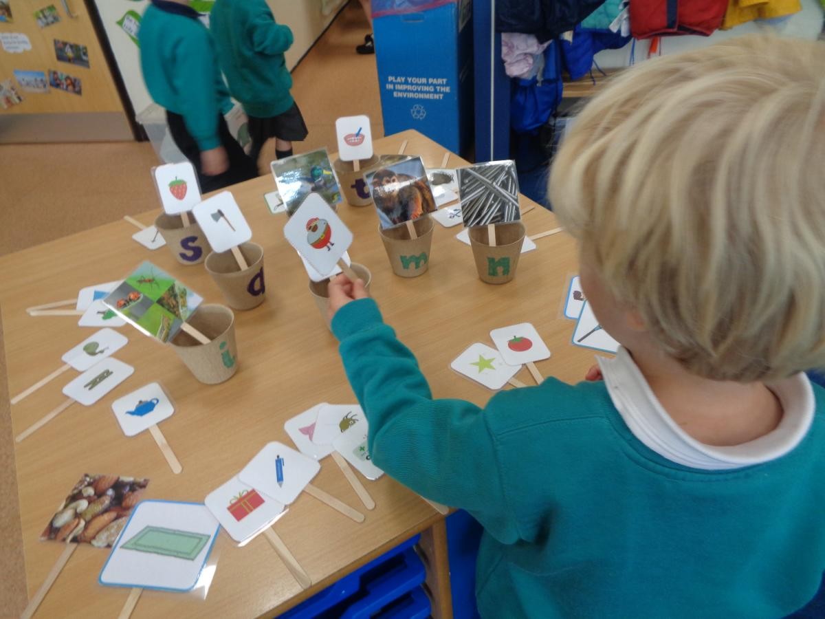 Sorting pictures by initial sounds.