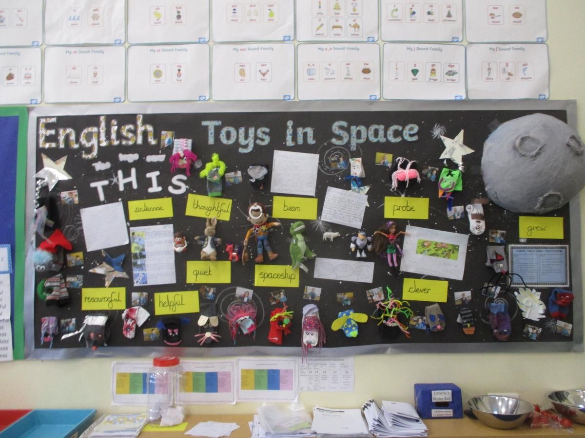 In English, Loveny class have been reading the book Toys in Space by Mini Grey