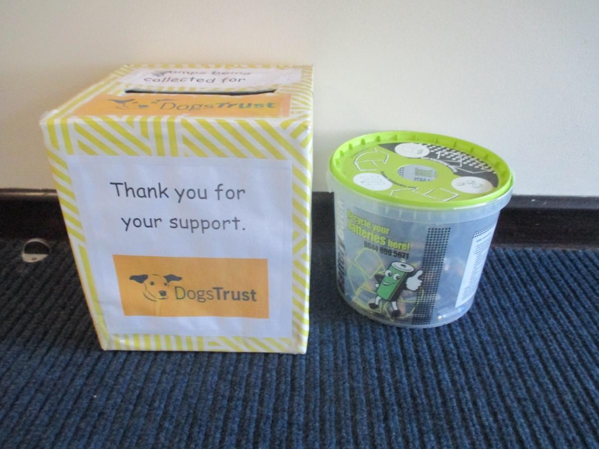 We recycle stamps and batteries.