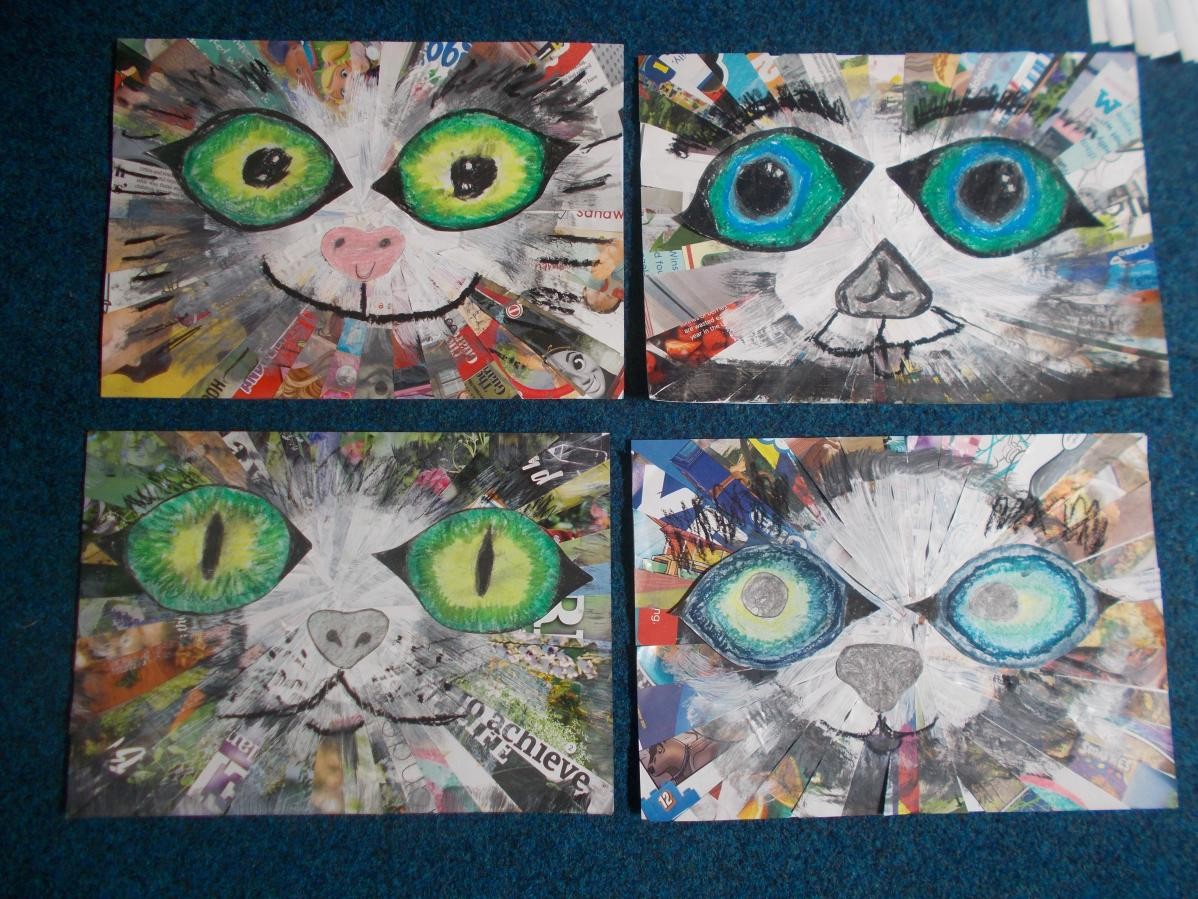 Y3&4 art using newspaper and magazine strips to create animal collage