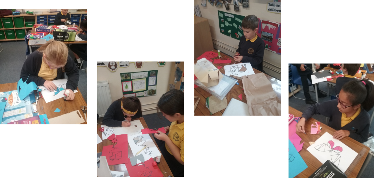Y5&6 used scrap paper and card from waste packaging to create geometric animals.