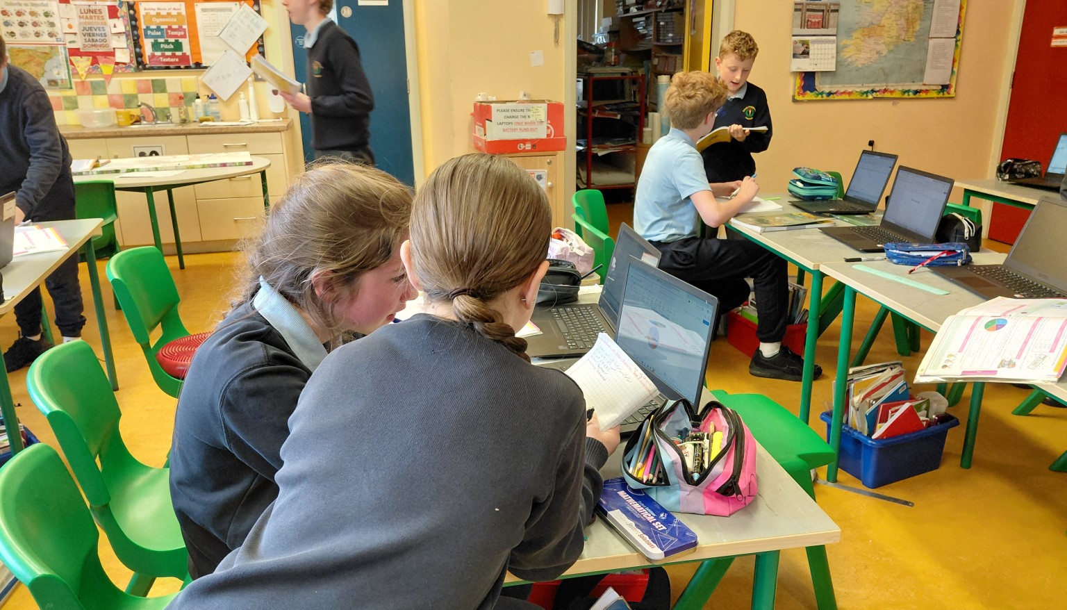 5th and 6th class carried out surveys. They used excel spreadsheets to make pie charts with their data and presented on word documents.