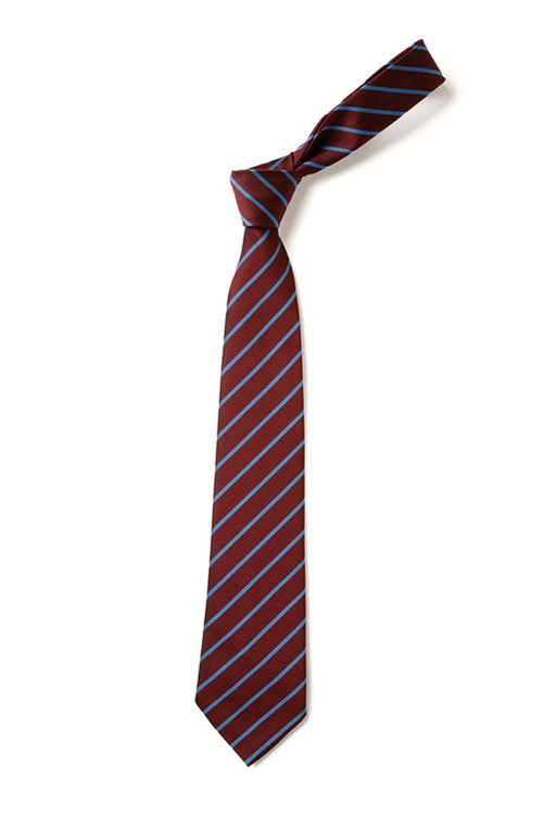 Burgundy tie with light blue stripes (optional)