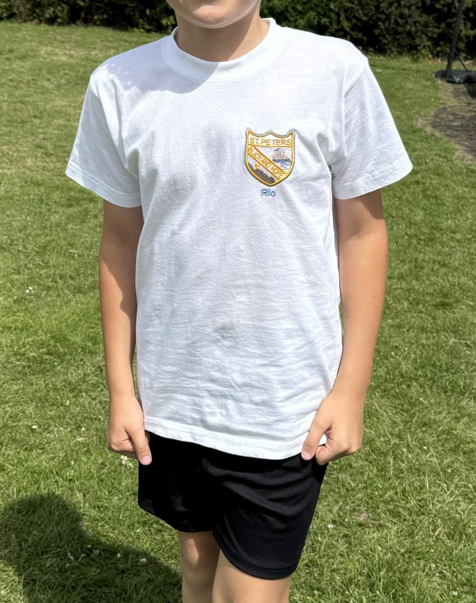 White t-shirt with school badge
