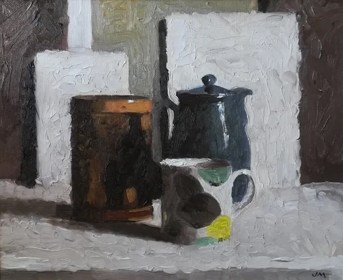 John Maddison - Still Life with Coffee Pot, Mug & Cannister. £SOLD