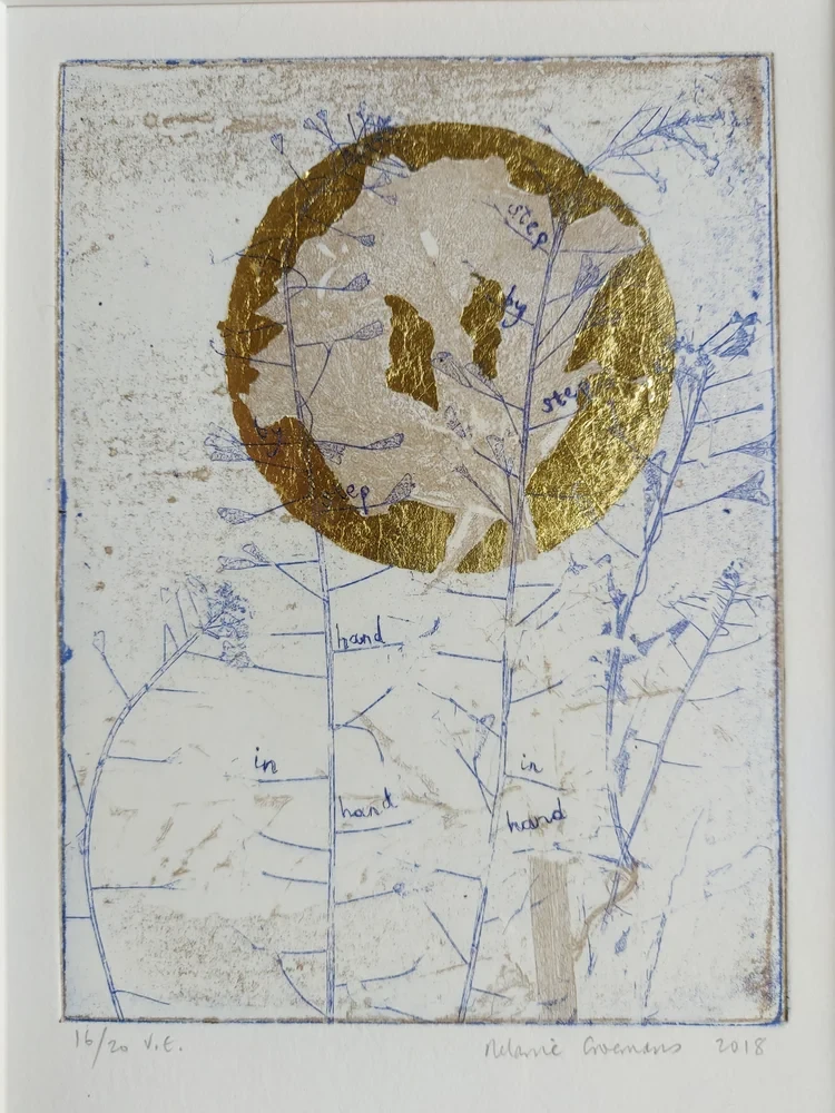 Step by step, hand in hand. Melanie Goemans. Etching with gold leaf. £195 Framed.