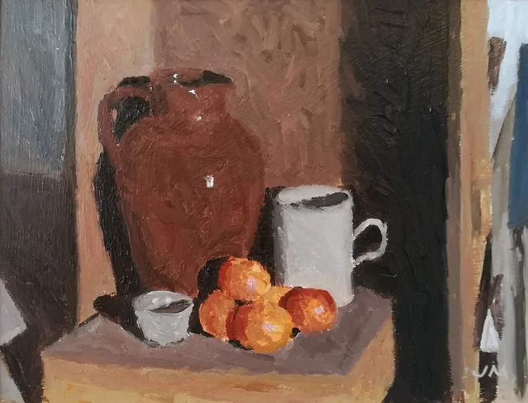 John Maddison - Still Life with Earthenware Jug & Satsumas. £SOLD