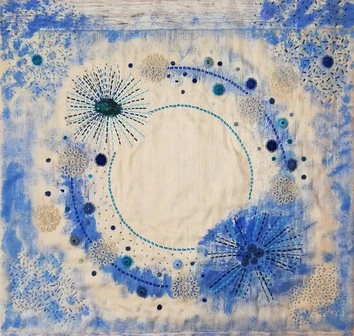 Blue on Blue by Munni Srivastava £53x58cm. Silk and hand embroidery. £450