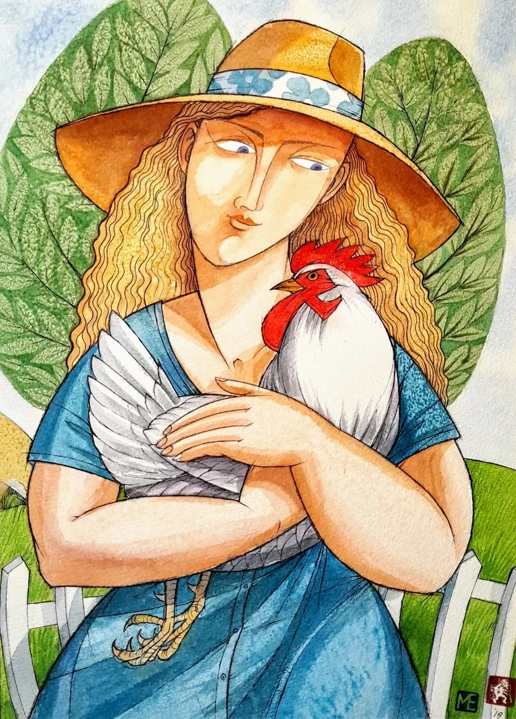 Lady with a Chicken £180 unframed/ £210 framed Watercolour & Ink, 37x26cm