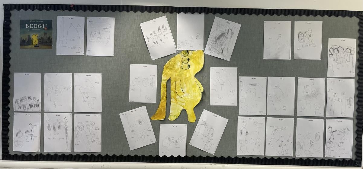 We read the book 'Beegu' and talked about our families and how they are important to us. We drew a picture to show who is in our family.