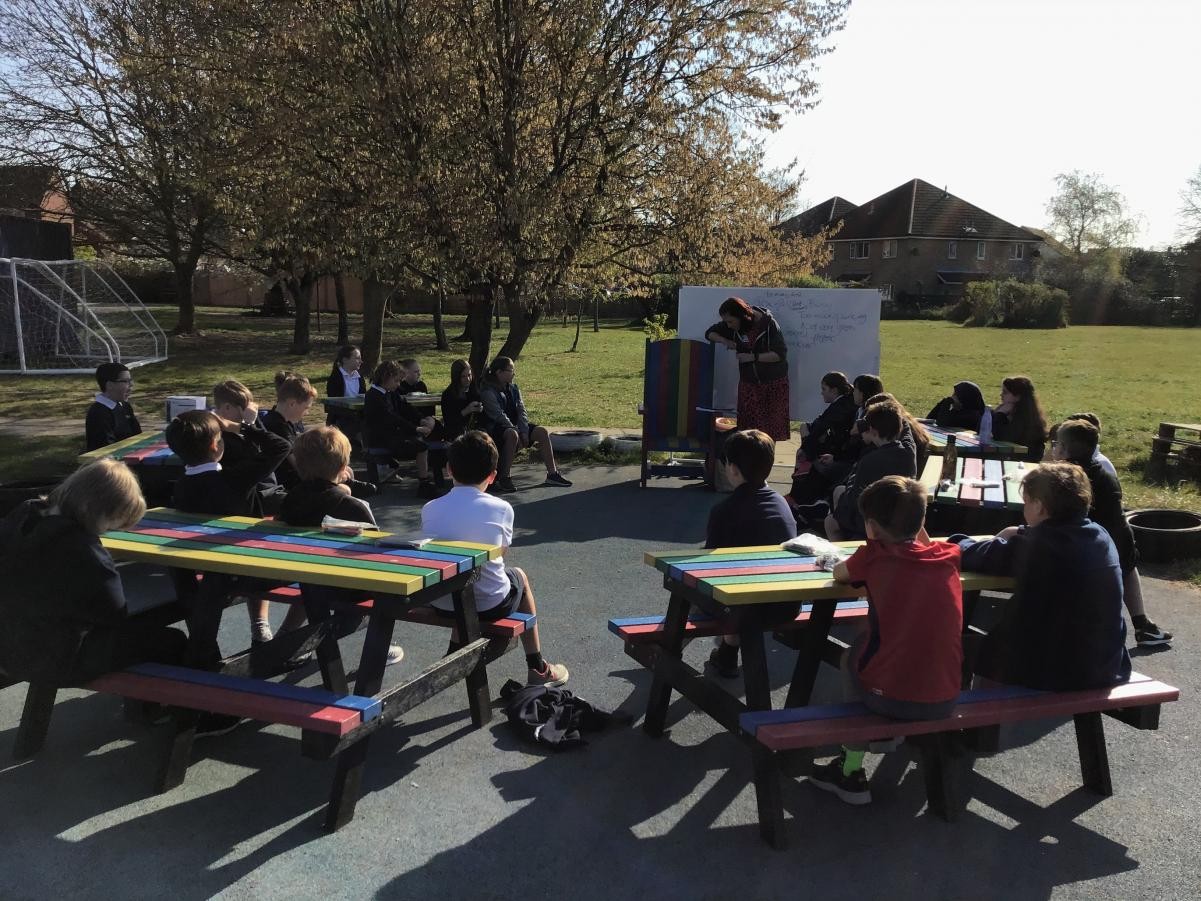 Colourful outdoor furniture for KS1 and KS2 areas for outdoor learning and storytelling
