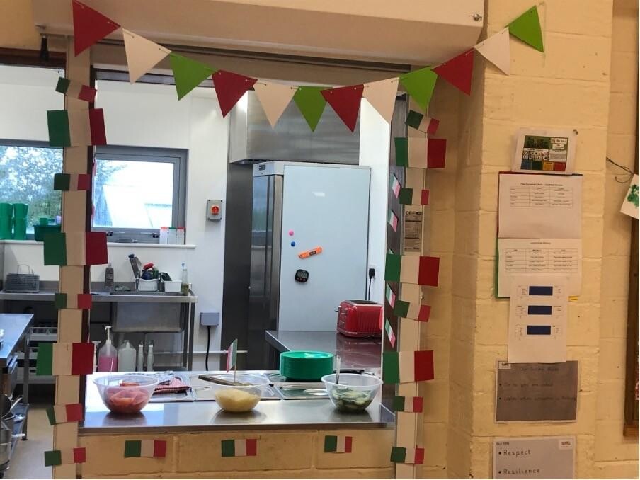 Kitchen decorated with flags