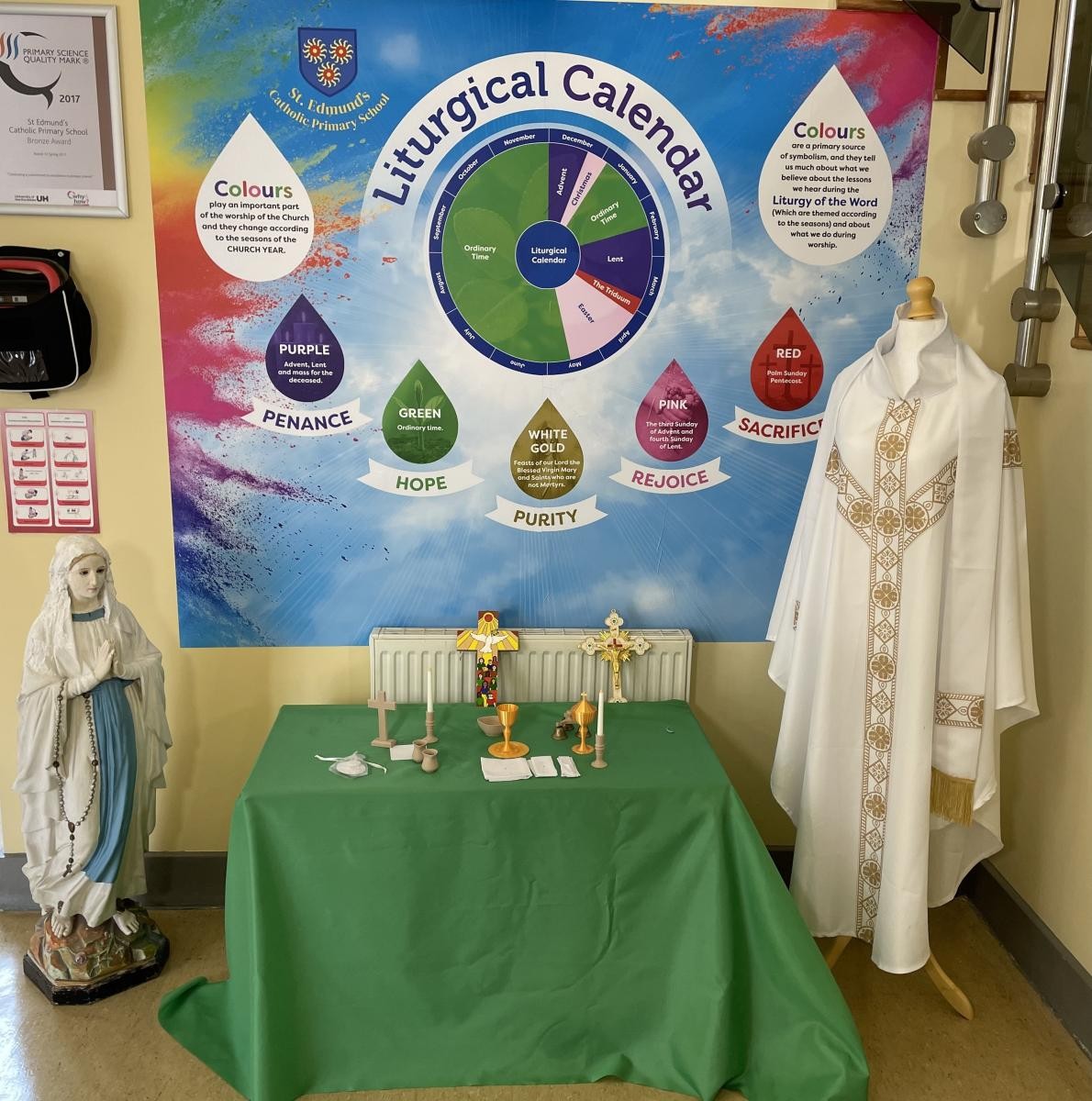 “Our reception prayer table reflects the liturgical year, with symbols of faith that place Christ at the centre of our school.”