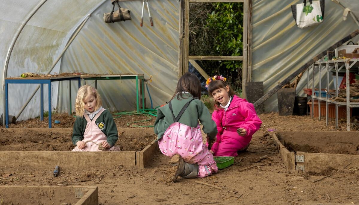 Pupils gardening in the polytunnel