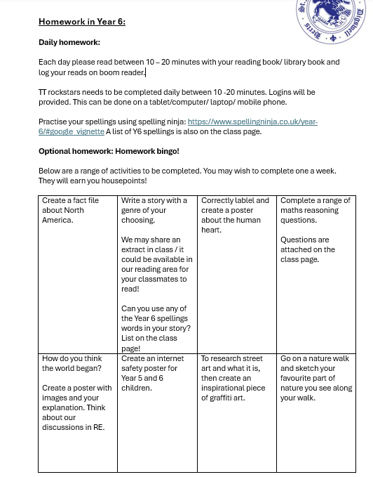 Year 6 Homework bingo
