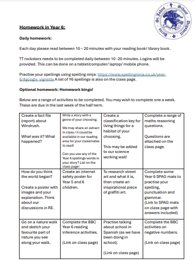 Homework Y6 Autumn 1