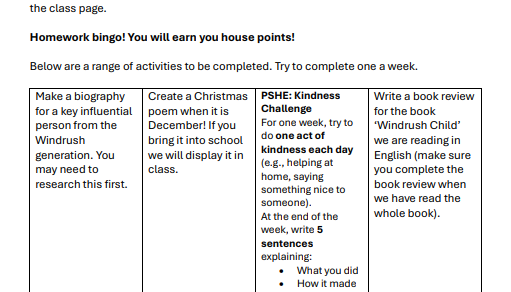 Homework Bingo for Autumn 2