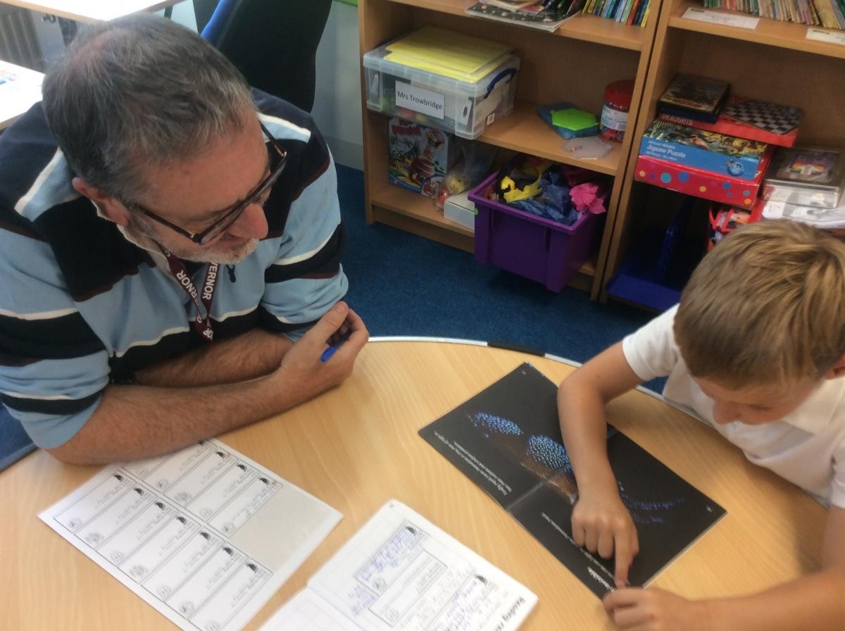 One of our co-chairs of Governors comes in to read with Y2. We are checking that books are carefully matched to the child - successful readers!