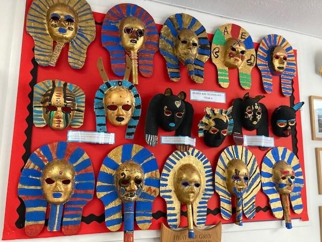 Greek masks made by Year 4 children and clearly show the links with DT and the Art curriculum