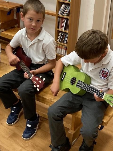 Pupil involvement in our service - the Y2 boys played 'When the Saints go marching in'.