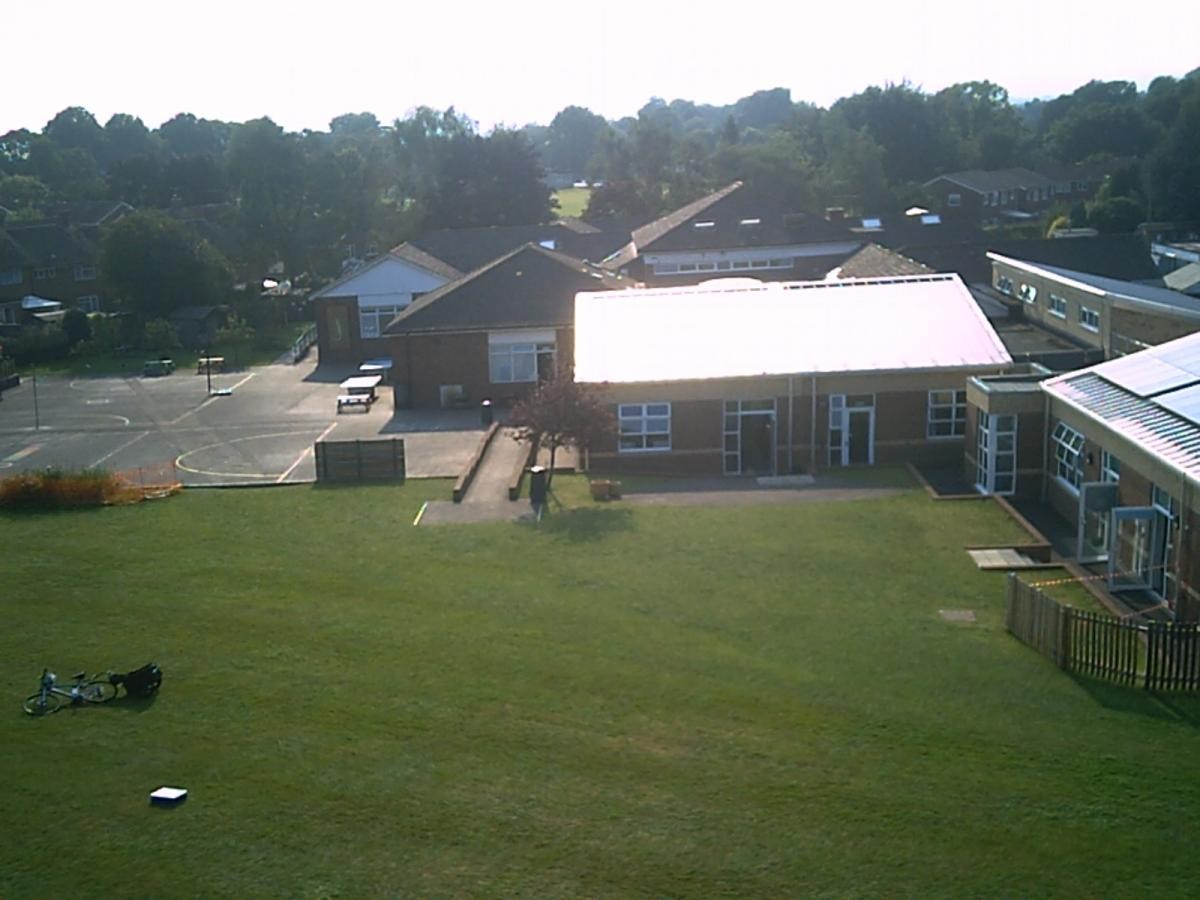 An aerial view of the back of the school