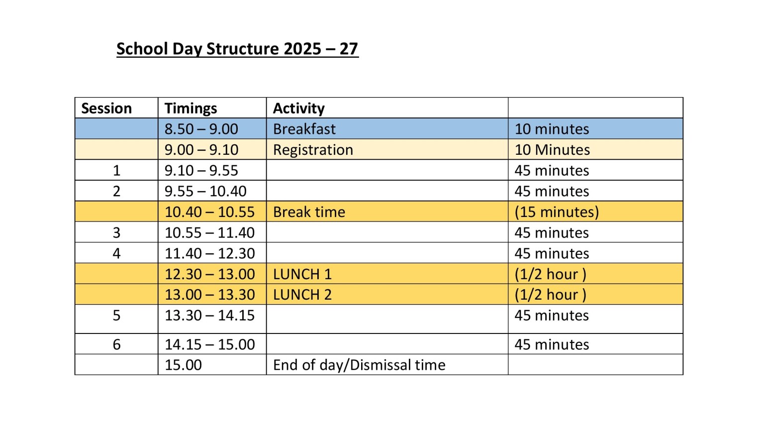 School Day Structure 2025 - 2027