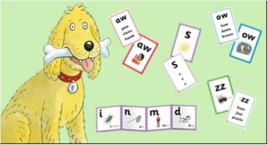 Our synthetic, systematic Phonics Programme; Floppy's Phonics. An example of the flash cards and frieze frames we used to support children. 