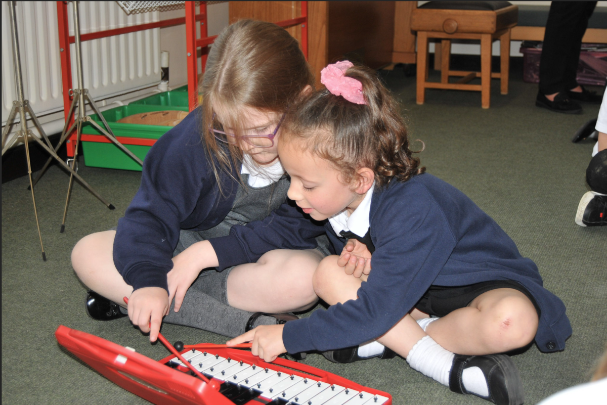 two children looking at a resource