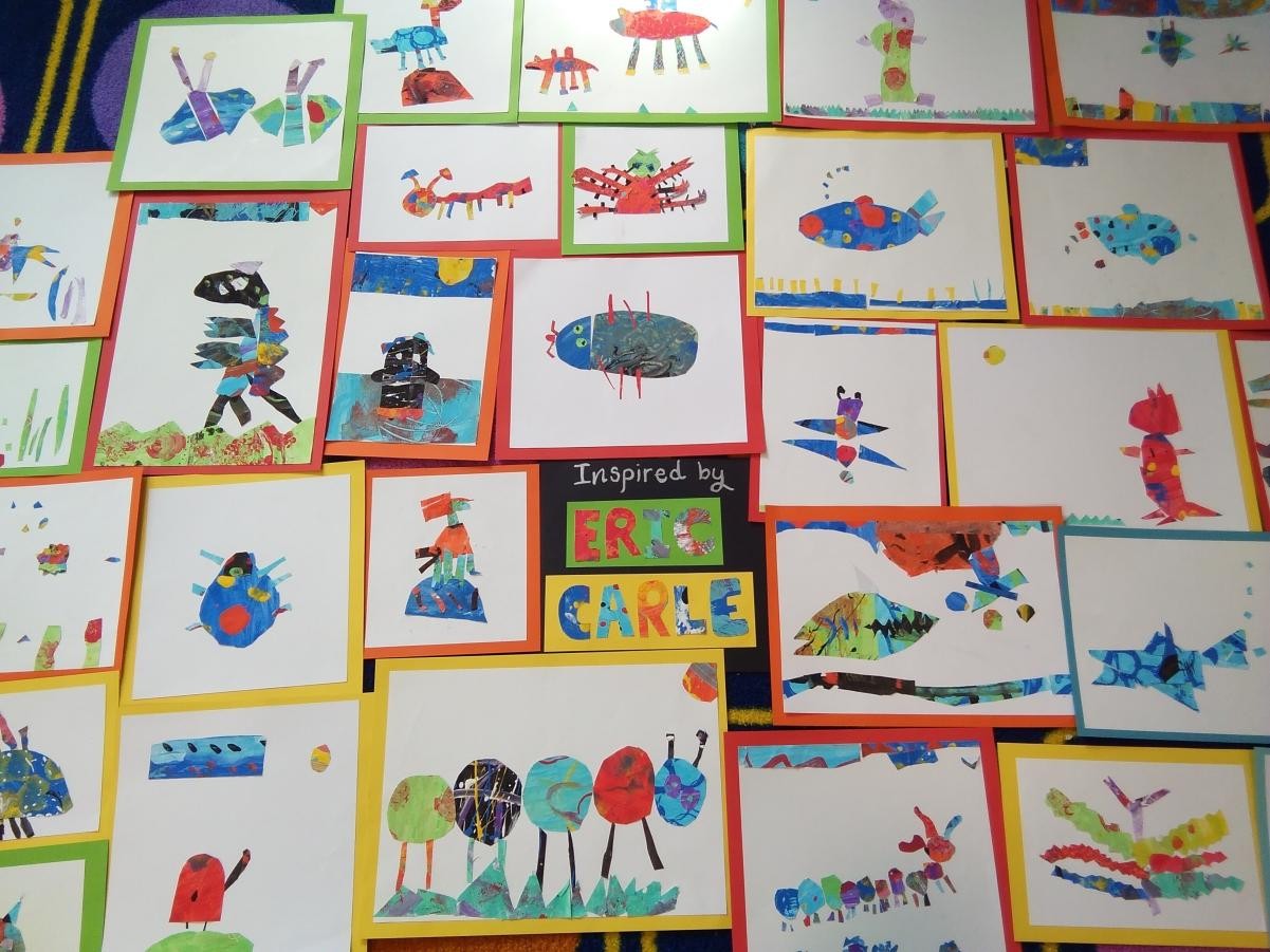 Collage work in the style of Eric Carle KS1